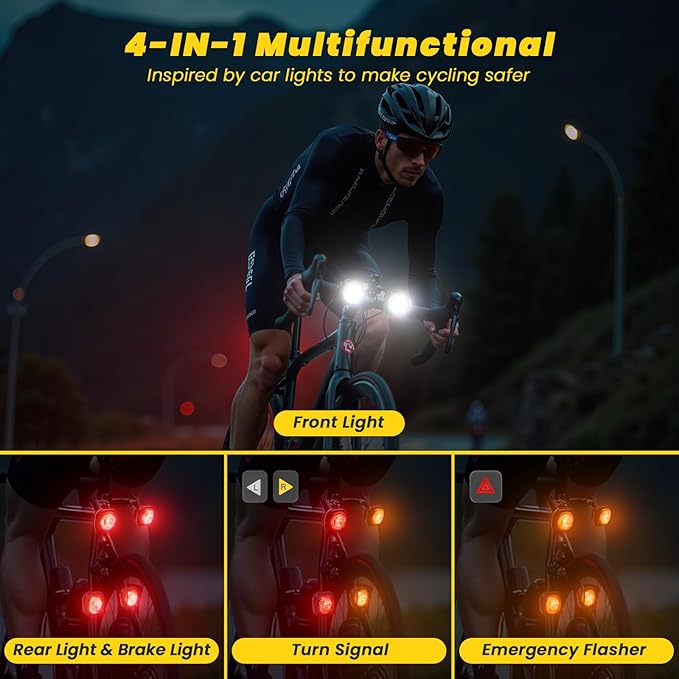 Smart Bike Lights System-Taillight,Headlight&Turn Signal,Sync Front&Rear Bike Light for Night Riding,3+2+1 Light Modes Rechargeable Bicycle Light with Remote Controller,IP67 Waterproof Day/Night Mode
