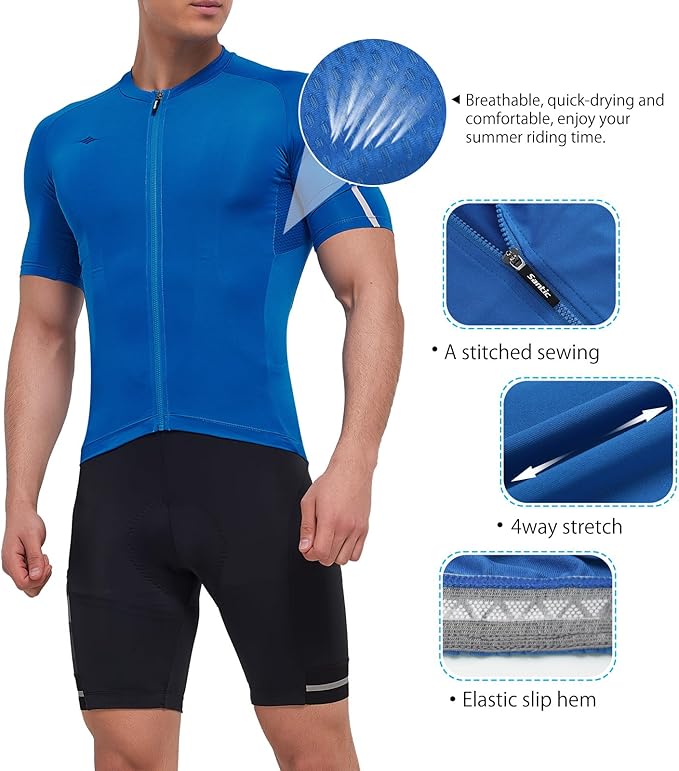 Santic Men's Cycling Jersey Short Sleeve Tops Pro Road Bike Shirt Full Zipper UPF 50+ MTB Jersey with Pockets