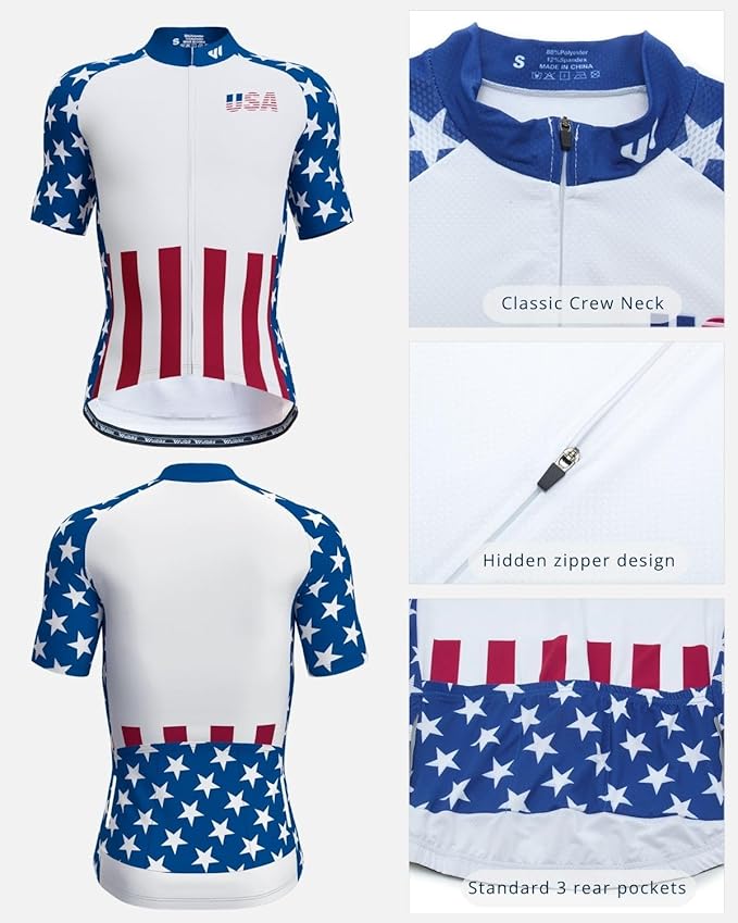 Lo.gas USA Cycling Jersey Men Short Sleeve Bike Biking Shirts American Flag Road Bicycle Clothing Full Zip with Pockets