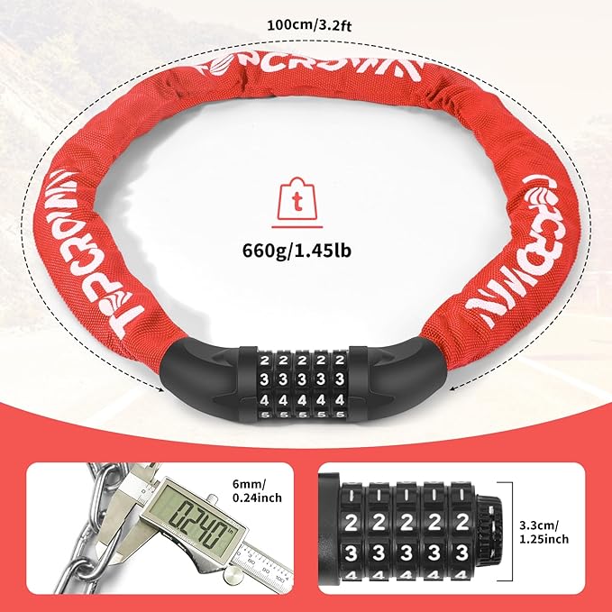 Bike Chain Lock 3.2Ft Long High Security Heavy Duty Anti Theft, 5 Digit Combination Resettable Keyless Bicycle Lock for Bike/Electric Scooter/Ebike/Motorcycle(Red)
