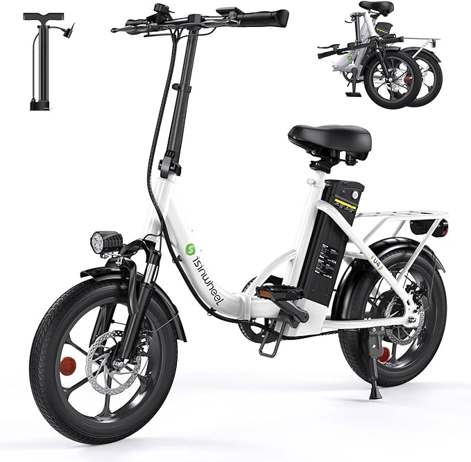 isinwheel U4 16" Folding E Bike for Adults Electric Bike with Suspension, 10.4Ah Battery, 500W Motor, 19mph Top Speed, Step Through Adult Electric Bicycles, Mini Commute Ebike for Adults and Teens