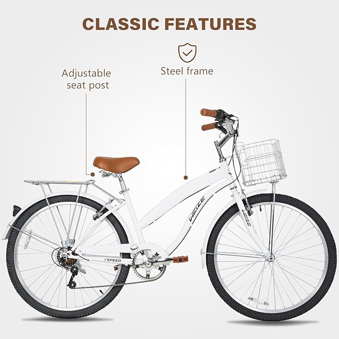 WEIZE Beach Cruiser Bike, 26 inch Commuter Bicycle for Adult Men and Women,High-Carbon Steel/Front & Rear Fenders, Comfortable City Bikes with Rear Rack or Basket, Ergonomic Upright Design