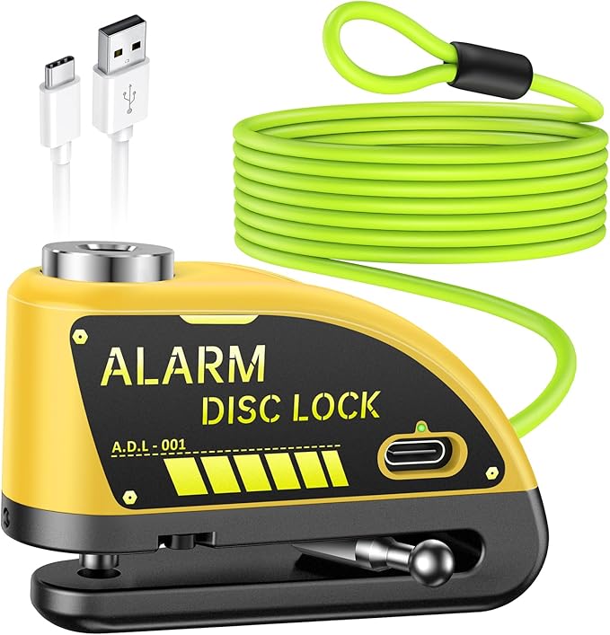 ONVIAN Rechargeable Motorcycle Lock with 120db Alarm and 6FT Steel Reminder Cable, for 7mm Pin Motorcycles Bicycles Ebike Scooter Moped(Yellow)