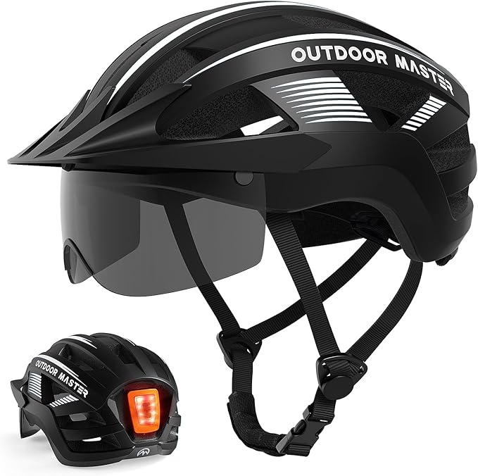 OutdoorMaster Adult Bike Helmet - Bicycle Helmet with Rechargeable Rear LED Light, Detachable Magnetic Goggles, Removable Sun Visor - Suitable for Commuting and Cycling for Men and Women