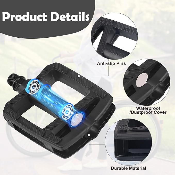 MEGHNA Bike Pedal 9/16 inch Thread Universal Pedals Lightweight Non - Slip Bicycle Pedal Flat Pedal Nylon for Mountain Bike Cruiser Bike Commuting Bike Folding Bike Kids Bike (Black)