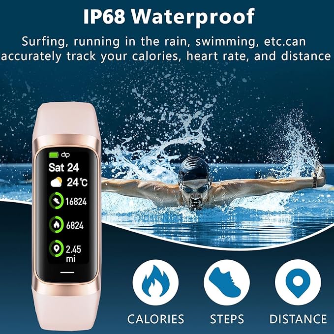 Fitness Tracker with 24/7 Heart Rate Sleep Blood Oxygen Monitor,IP68 Waterproof Smart Watch,1.10''AMOLED Touch Color Screen,Step Counter Health Activity Trackers for Women Men (Pink)