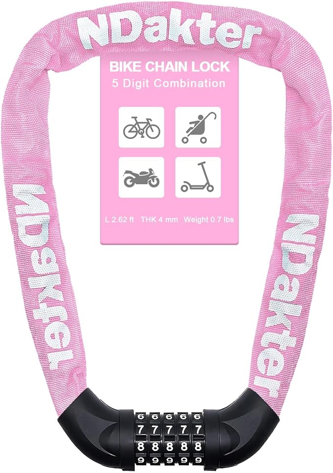 NDakter Bike Lock, 5 Digit Combination Heavy Duty Anti Theft Bicycle Chain Lock, 2.62/3.2/4.27/5/6Ft Long, High Security Resettable, Suitable for Bike, Scooter, Door, Gate, Fence-4/6mm Thick