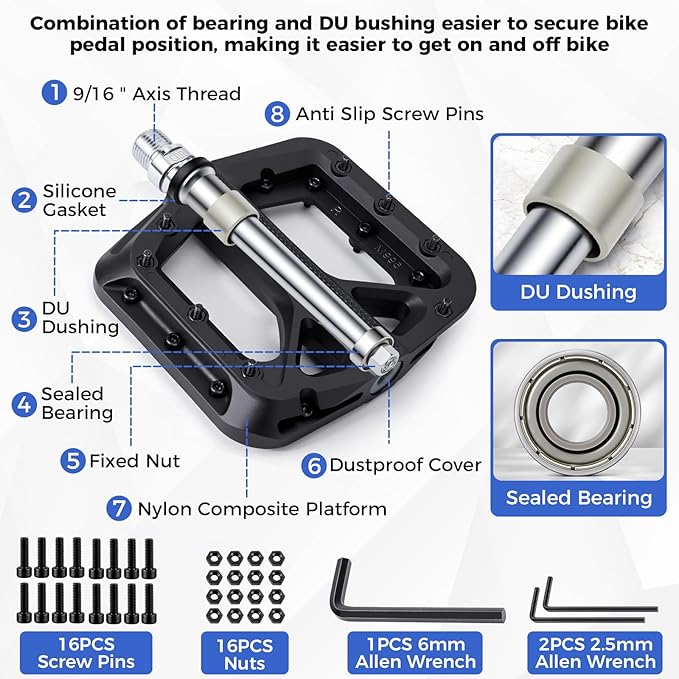 NUWAB Mountain Bike Pedals, 9/16 Inch Axle Thread Anti-Slip Bicycle Pedals, Lightweight and Wide Platform Flat Pedals for Road Mountain BMX MTB Bike, Come with Installation Tool