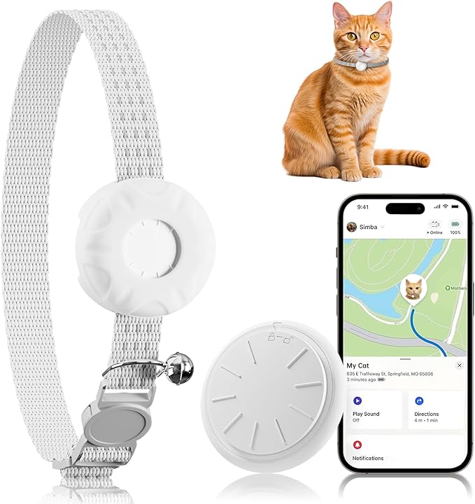 Cat Tracker, Cat Tracker Collar with Safety Elastic Buckle, Works with Any Collar,Compatible with Apple Find My App (Only iOS), No Monthly Fee, Waterproof, White