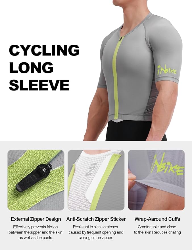 INBIKE Mens Cycling Jersey Breathable Elastic Bike Jersey 3 Rear Pockets Moisture Wicking Short Sleeve Quick Dry Reflective Biking Shirts Large Gray