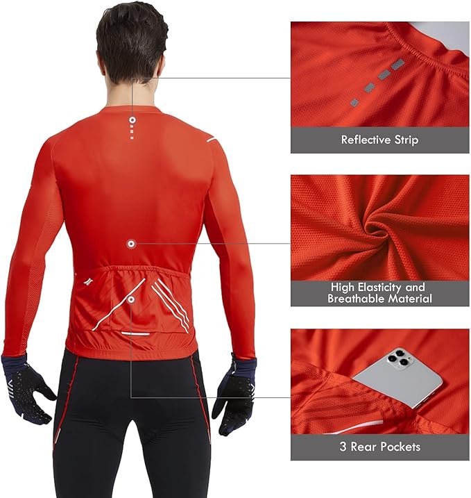 Santic Cycling Jersey Men's Long Sleeve Bike Reflective Full Zip Bicycle Shirts with Pockets