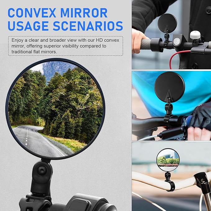 2 PCS Bike Handlebar Mirror, Scratch Resistant Bike Rear View Mirror Glass, Adjustable and Rotatable Bike Mirror Handlebar Mount (Black)