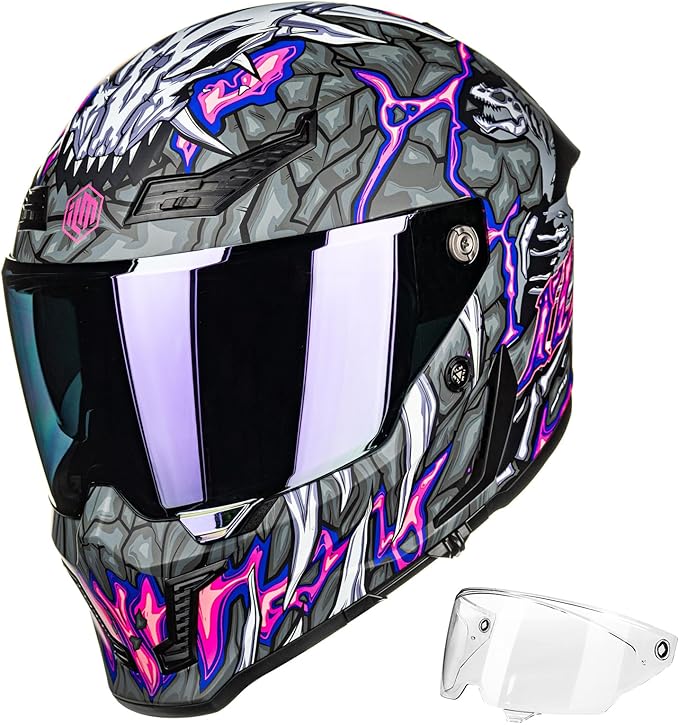 ILM Motorcycle Helmets for Adult Men Women Full Face DOT ECE Powersports Dual Visor Street Racing Helmet with Pinlock Cascos para Motos Model MF509 (Day1 Purple, XL)