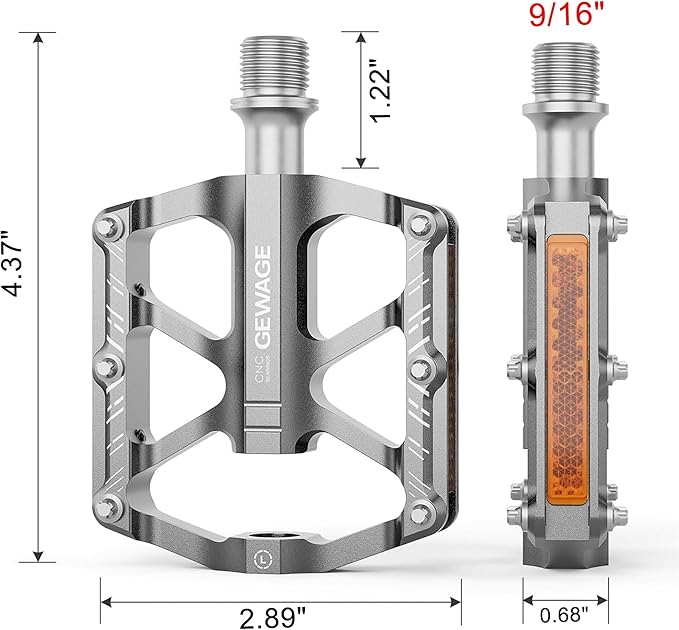 Mountain Bike Pedals - 3 Bearings Bicycle Pedals with Reflectors - 9/16” CNC Machined Flat Pedals with Removable Anti-Skid Nails for Road Mountain BMX MTB Bike
