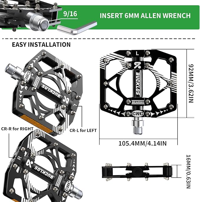 BUCKLOS MTB Bike Flat Pedals with Reflectors,Large Platform Mountain Non Slip CNC Aluminum Alloy Bicycle Pedals Sealed Bearing 9/16" Adult