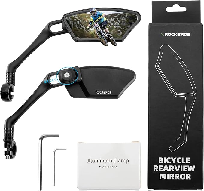 ROCKBROS Newest Bike Mirrors Handlebar Mount Rearview Mirror HD Blast-Resistant All-round Angle Adjustable Retractable Bicycle Mirror for E-bike （21-26mm Handlebar）