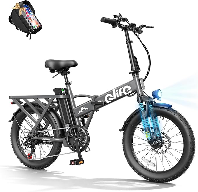 Qlife Hunter Foldable Electric Bike for Adults, Peak 1200W Ebike with 48V 13.5Ah Battery, 65-Mile Range, Heavy-Duty Rear Rack, 20-Inch Fat Tires, Folding E Bike for Commuting & Outdoor Use