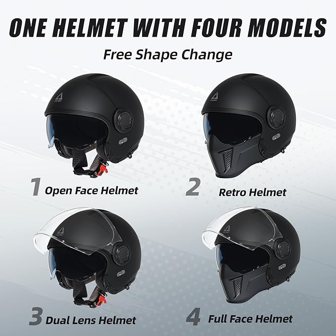 TRIANGLE Full Face Motorcycle Helmets,Off-Road Motocross Helmet for Men & Women,Dual Visor with Internal Tinted Sunshield,Open Face 3/4 Adult Racing Helmet DOT Approved(Black,S)