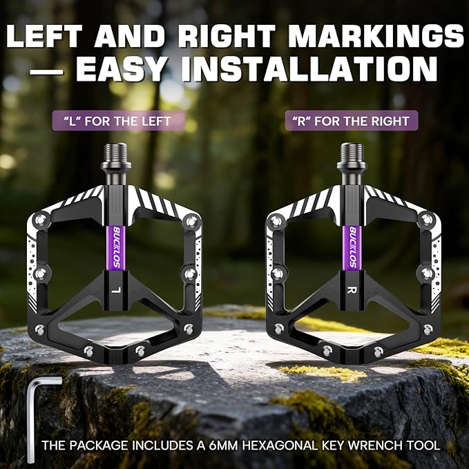 BUCKLOS Mountain Bike Flat Pedals Adult 9/16", Sealed Bearing Large Bicycle Pedal Aluminum Platform with Removable Anti-Skid Nails and Reflectors for MTB Road Gravel BMX Ebike Bikes