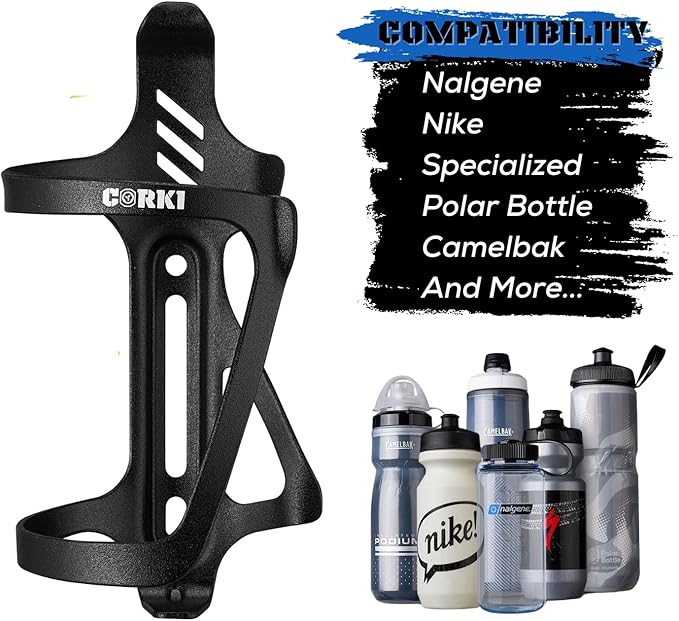 Corki Cycles Right Side Load Water Bottle Cage, Side Entry Bike Water Bottle Holder for Road & Mountain Bikes - 2 Pack - Black-Aluminum Alloy