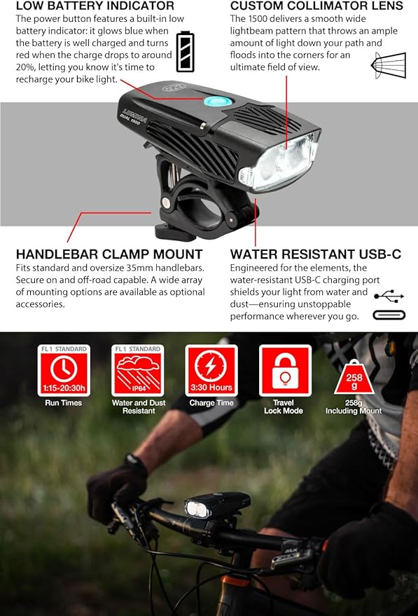 NiteRider Lumina Dual 1500 Lumen USB-C Rechargeable Dual LED Front Bike Light - 7 Modes Powerful Lumens IP64 Waterproof Bike Headlight Easy Mount Single Button Control MTB, Trail, Enduro, Road Cycling