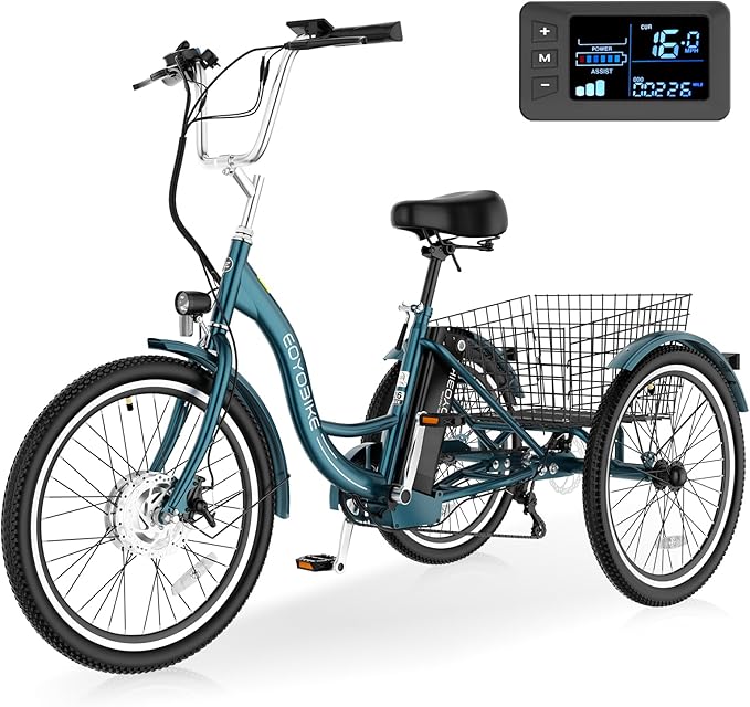 Electric Tricycle for Adults Seniors, 24/26 Inch 3 Wheel E-Trike, 350W Motor (700W Peak), Removable 36V Battery, Up to 15.5MPH, 25-60Mile Range, Low Step-Through, Rear Basket, 350lbs Capacity, 7 Speed
