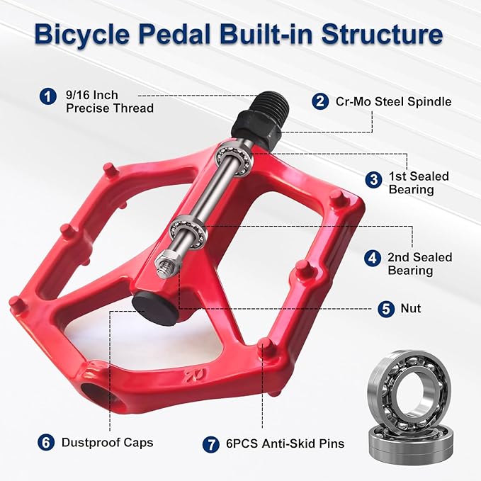 Mountain Bike Pedals,Road/MTB Flat Pedals, Non-Slip Lightweight Aluminum Alloy Bicycle Pedals, Fits 9/16" Road Mountain BMX MTB Bike Pedal