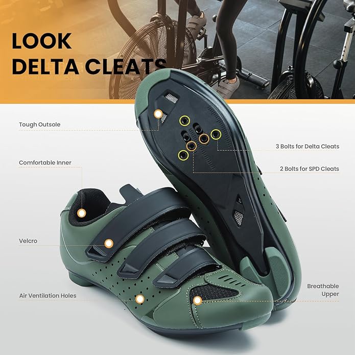 Men's Cycling Shoes – 2 & 3 Bolt Look Delta Cleat Spin Bike Shoes - Compatible with SPD Clips – Perfect for Indoor & Outdoor Road Cycling