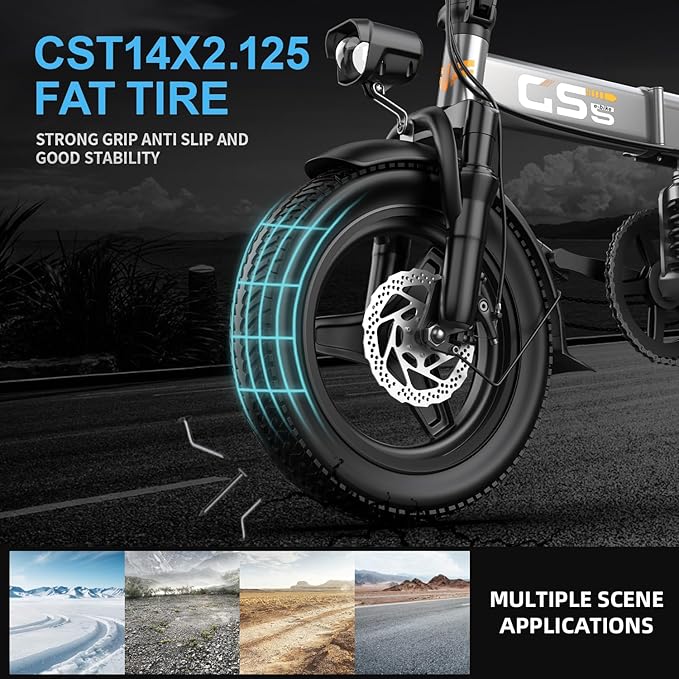 Heavy-Duty Foldable Electric Bike for Adults with 7 Shock Suspension, 740W Motor, 25MPH, 720Wh Battery, 20-Mile Range, 500+ lbs Capacity，14 Fat Tires Commuter Bicycle for Road & Mountain Riding