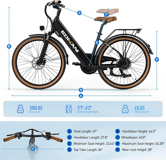 EDIKANI Electric Bike for Adults 25MPH 1500W Peak 26" Comfortable Step-Through Ebike with 48V Internal Battery Adjustable Stem Best Electric Bicycle for Women Commuter up to 70 Miles EDM02