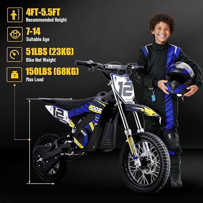KOOZ HP112E PRO 36V 1000W Electric Dirt Bike for Kids, 3 Speed Modes Teen Electric Motorcycle Up to 20.6 MPH& 19 Miles Long-Range, Dual Suspension & Disc Brake, 16" Sturdy Tire