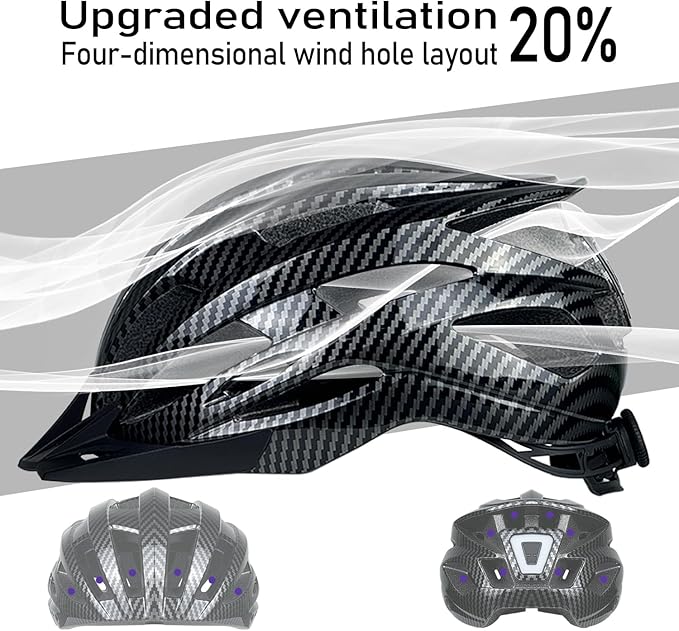 Bike Helmet for Adult Men Women with Multi-Mode Rear LED Light, with Suggested Fit 56-62cm, Lightweight with Adjustable Dial, Side and Chin Strap, Carbon Black Shiny Surface