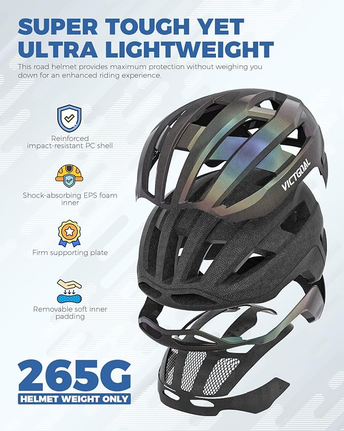 VICTGOAL Road Bike Helmet Adult Men Women with Detachable Magnetic Rear Light, Bicycle Helmet Adjustable Breathable Road Cycling Helmet for Road Mountain Riding