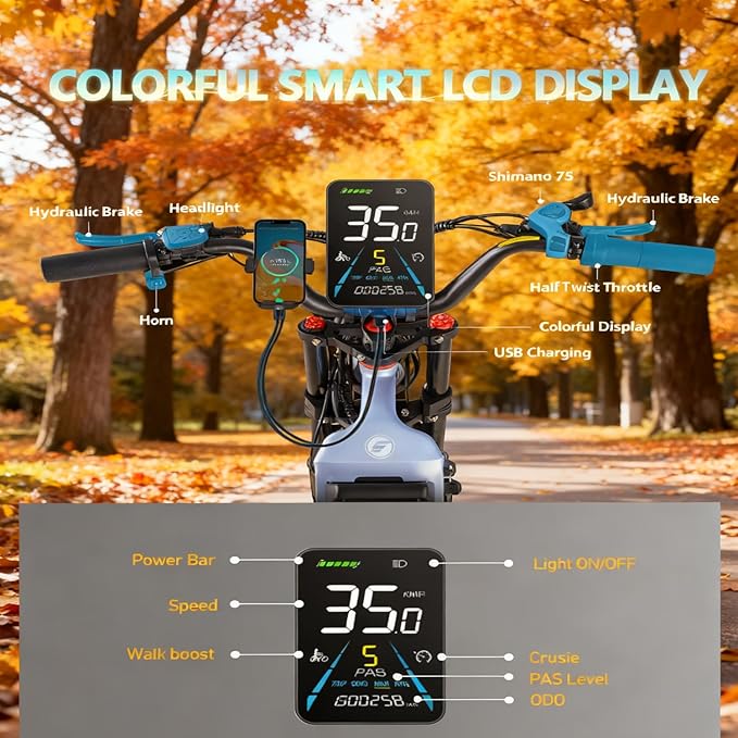 eAhora Juliet Pro 2/Juliet Electric Bike for Adults 5400W/1200W Dual Motor Electric Bicycle 43MPH 60V 70Ah 220+Miles Long Range 20" Fat Tire Full Suspension Mountain E-Bike with APP Control