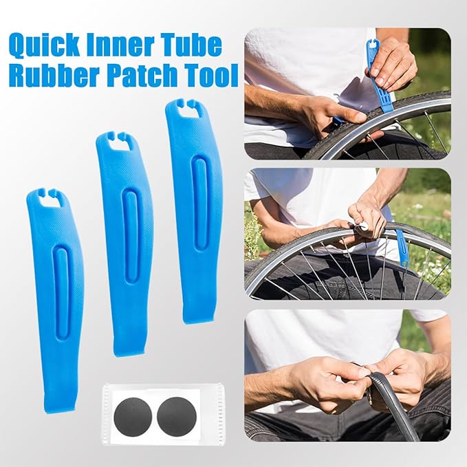 Bike Tire Repair Kit, 6Pcs Glueless Patches & 3Pcs Tire Levers with Metal Rasp, Compact Bicycle Inner Tube Patch Kit for Road & Mountain Bikes