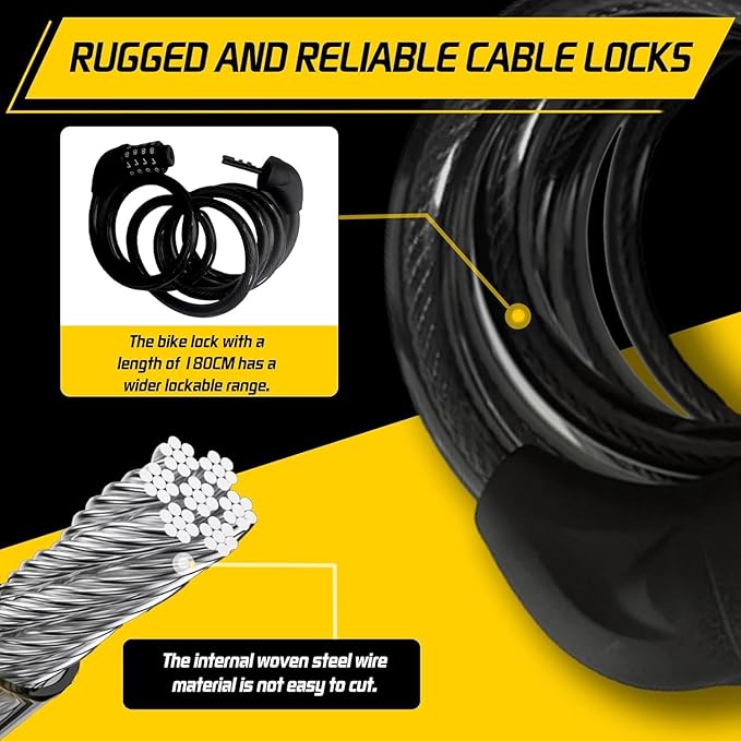Bike Cable Lock 6FT Long, 4 Digit Resettable Combination Lock, Heavy Duty Steel Cable with Waterproof Vinyl Coating Anti Theft Security Lock for Road Bike E-Bike Scooter Fence Gate Toolbox