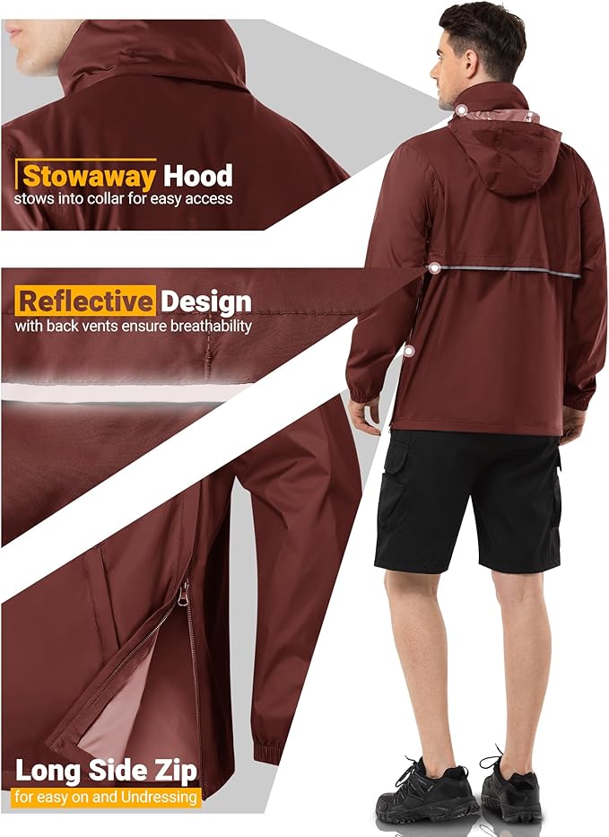 Outdoor Ventures Men's Rain Jacket Waterproof Lightweight Packable Rain Pullover for Hiking Golf Running