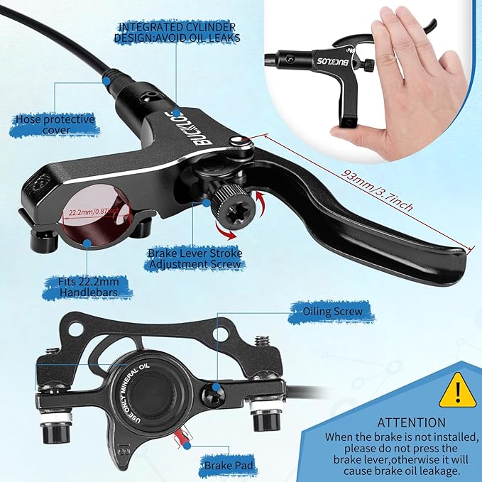 BUCKLOS MTB Hydraulic Disc Brakes for Mountain Bike, Left Front 800 mm Right Rear 1500mm Bike Hydraulic Brake Set Aluminum Alloy Levers with Calipers/PM/is Adapter fit eBike/Fat Bikes