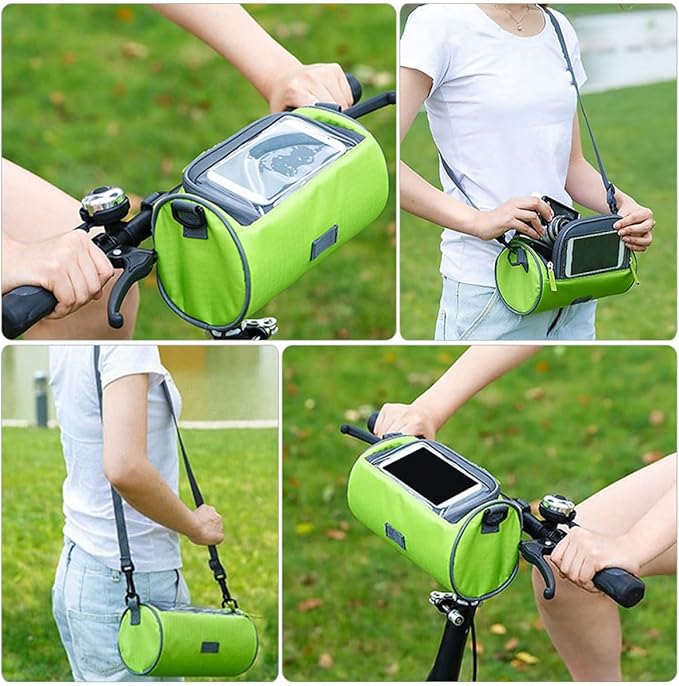 Bike Handlebar Cylinder Pouch Waterproof Front Frame Cellphone Bag with Touchscreen for Mountain Bikes, Portable Cycling Storage in Green