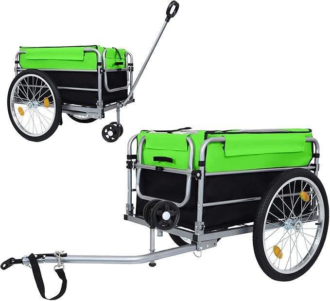 Aluminum Bicycle Trailer, Foldable Bike Cargo Trailer with Universal Hitch, Removable Oxford Fabric Cover, Bicycle Trailers Folding, for Camping, Groceries, 220 LBS Load Capacity, Black+Green