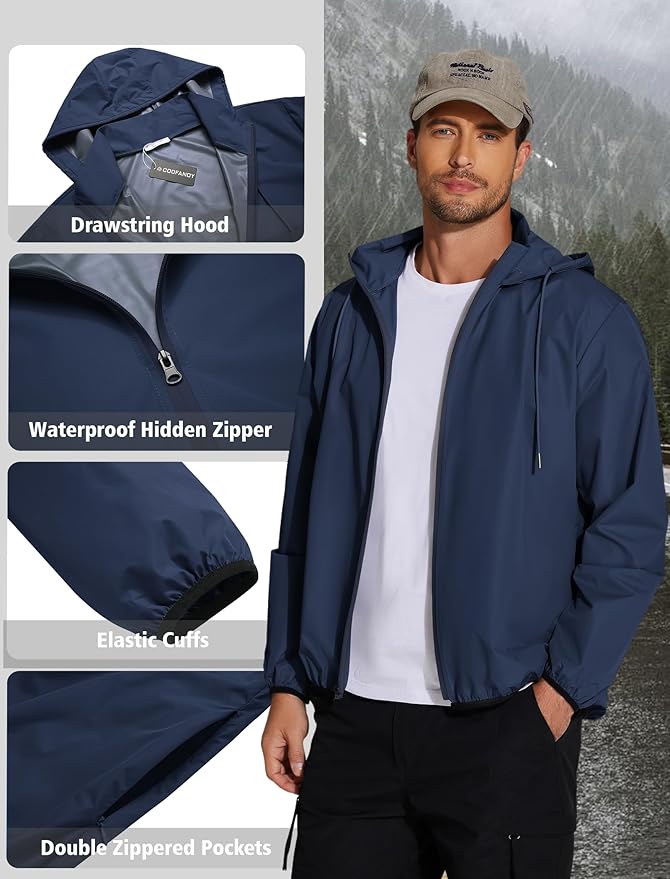 COOFANDY Men's Light Rain Jacket with Hood Packable Waterproof Raincoat Golf Rain Gear Travel Hiking Windbreaker