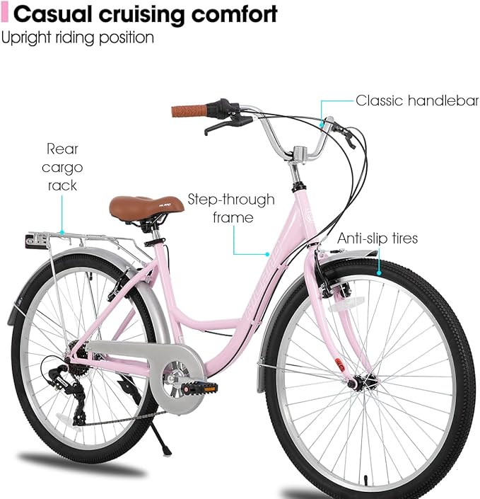 HILAND 26 Inch Hybrid Bike for Adult Women Female, 7-Speed, Lightweight Step Through Hi-Ten Steel Frame City Commuter Comfort Lady Bicycle, Beach Cruiser Bike, Multiple Colors