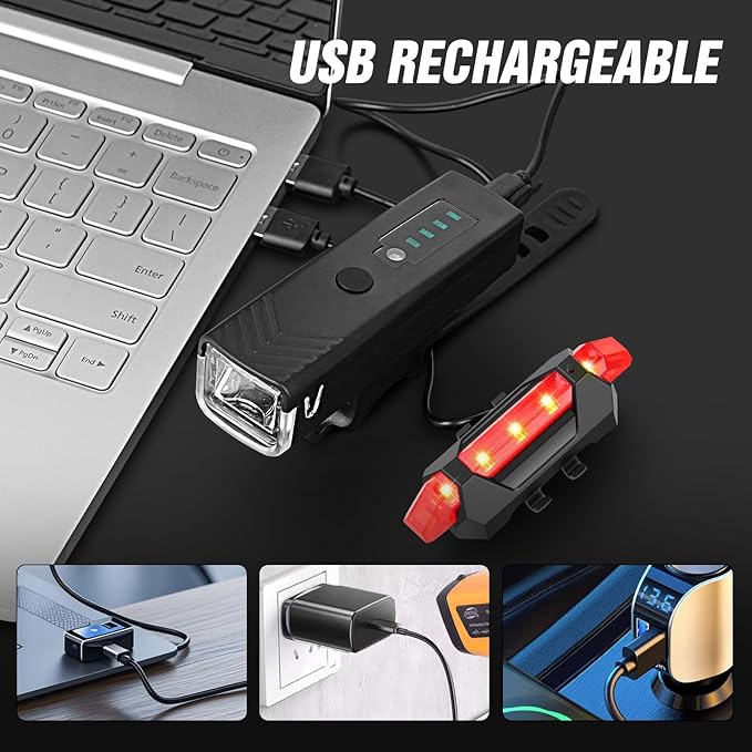 WGGE Ultra Bright USB Rechargeable Bike Light Set,Powerful Bicycle Front Headlight and Back Taillight,Easy to Install for Night Riding Fits All Bicycles,Mountain,Road or Camping