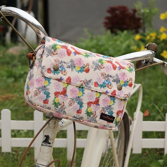 TOURBON Bike Bag Waxed Canvas Bicycle Handlebar Bag Zipper Closure Pouch Crossbar Front Frame Basket Cycling Saddebag Under Seat Strap-on Rear Rack Pannier (White with Flower (type 2))