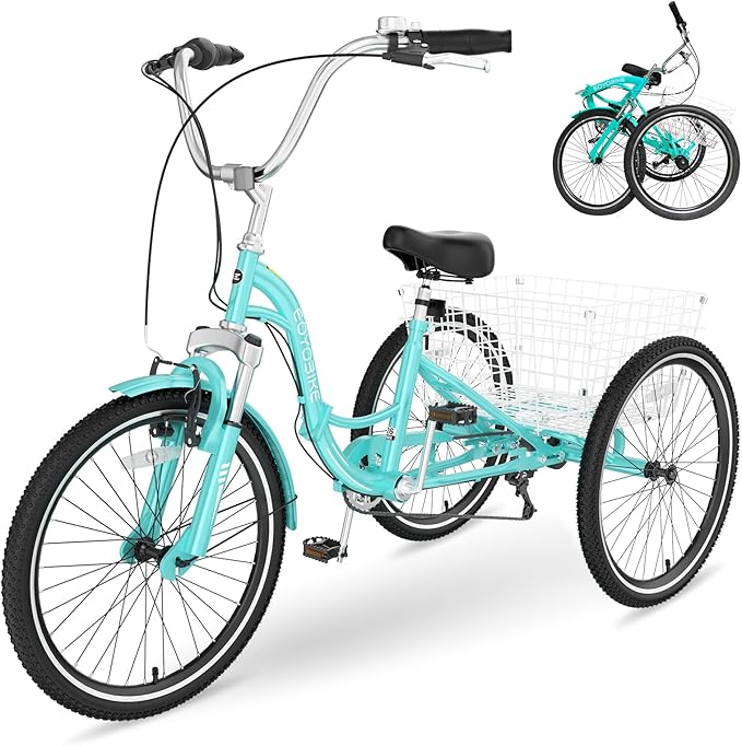 NAIZEA Folding Adult Tricycle - 7 Speed 20/24/26 Inch Folding Tricycle for Adult, 3 Wheel Bike, Foldable Trike with Large Basket/Low-Step Through for Men Women Senior