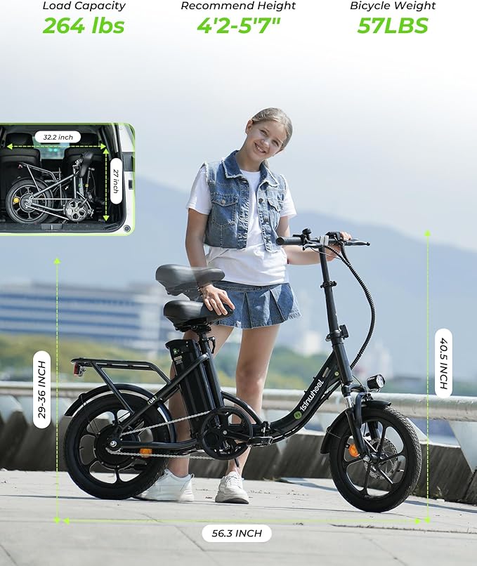 isinwheel U4 16" Folding E Bike for Adults Electric Bike with Suspension, 10.4Ah Battery, 500W Motor, 19mph Top Speed, Step Through Adult Electric Bicycles, Mini Commute Ebike for Adults and Teens