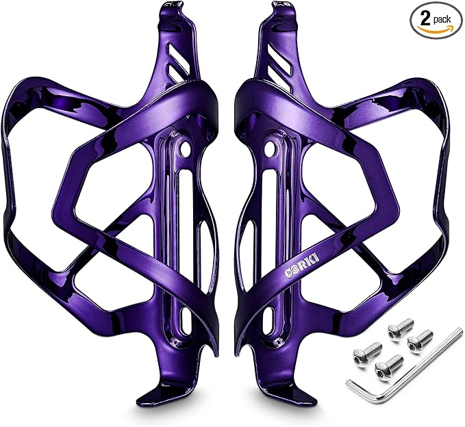 Corki Cycles Heavy Duty Bike Water Bottle Holder, Lightweight Purple Water Bottle Cage Shockproof Design for Road Mountain Gravel Bikes, Holds 18-30 oz, 2-Pack Aluminum Alloy