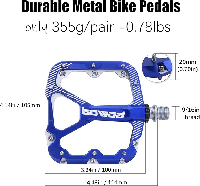 Bike Pedals Mountain Bike Adult, Light MTB Flat Pedals Grippy w 20pcs Non-Slip Studs, Glass Fiber Nylon Composite Platform Pedals w Cr-Mo Axel, 9/16" BMX Road Cruiser Gravel Bicycle Pedals