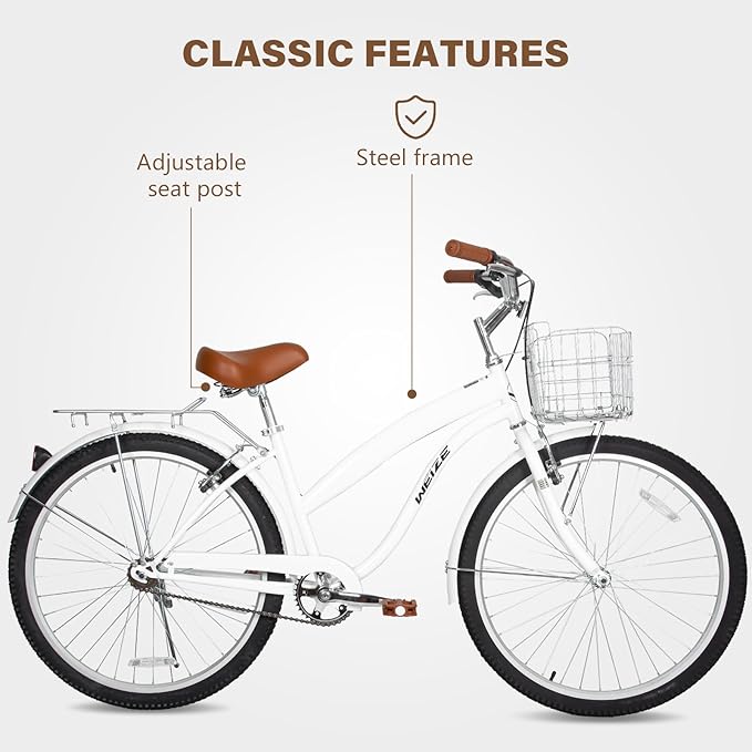 WEIZE Beach Cruiser Bike, 26 inch Commuter Bicycle for Adult Men and Women,High-Carbon Steel/Front & Rear Fenders, Comfortable City Bikes with Rear Rack or Basket, Ergonomic Upright Design