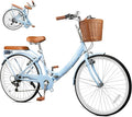 26Inch Foldable Beach Cruiser Bike for Women, Womens Folding Bike with Basket, 7 Speed Commute Folding Bicycles with Cushion, V-Brakes, Quick Install for Adults, Womens (Blue)